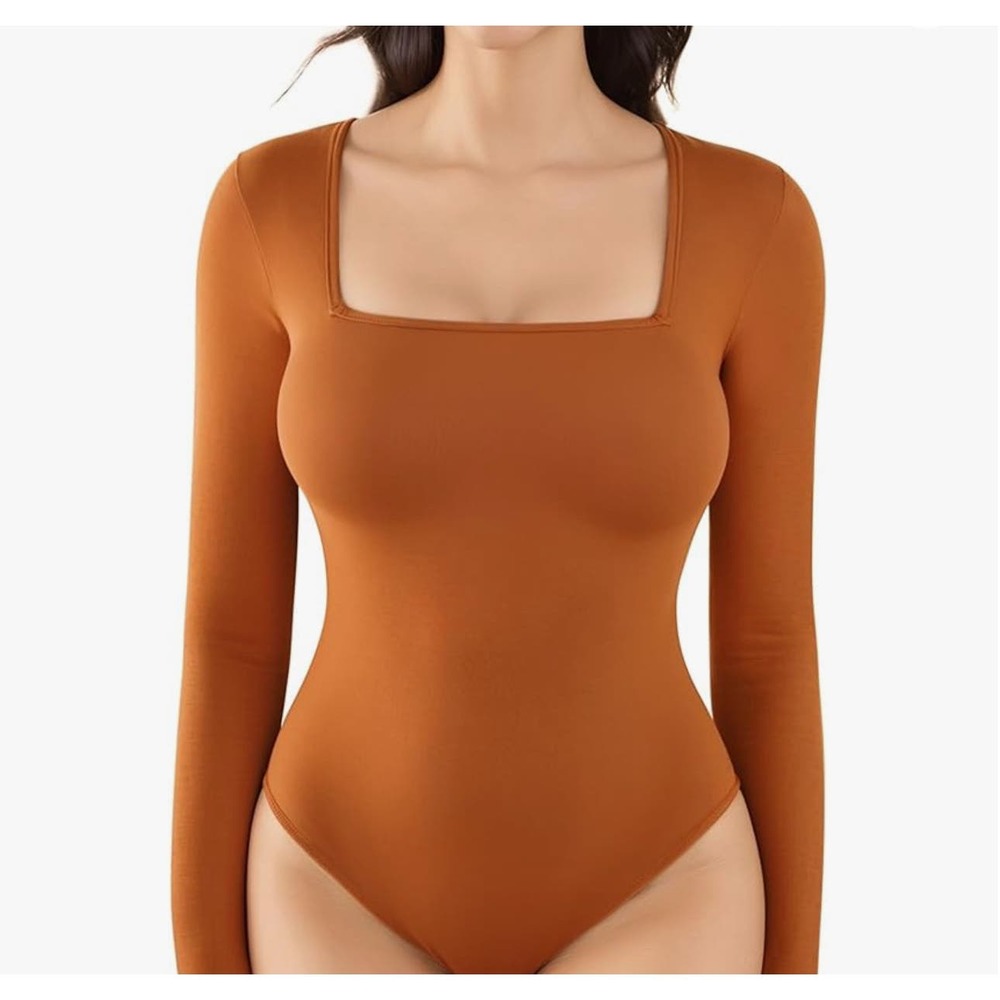 MANGOPOP Women's Square Neck Long Sleeve Tops Bodysuit camel size Medium